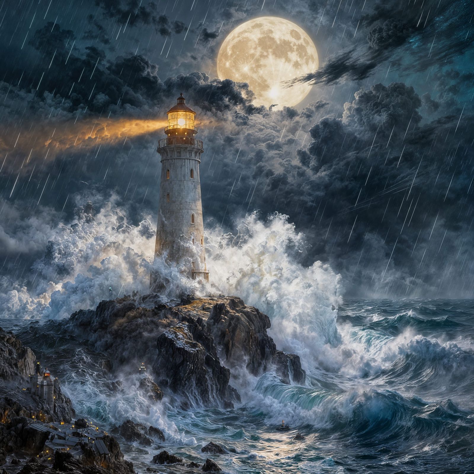 A towering lighthouse standing alone on a rocky cliff during a violent night storm. Enormous waves crash ...  by @Schoor