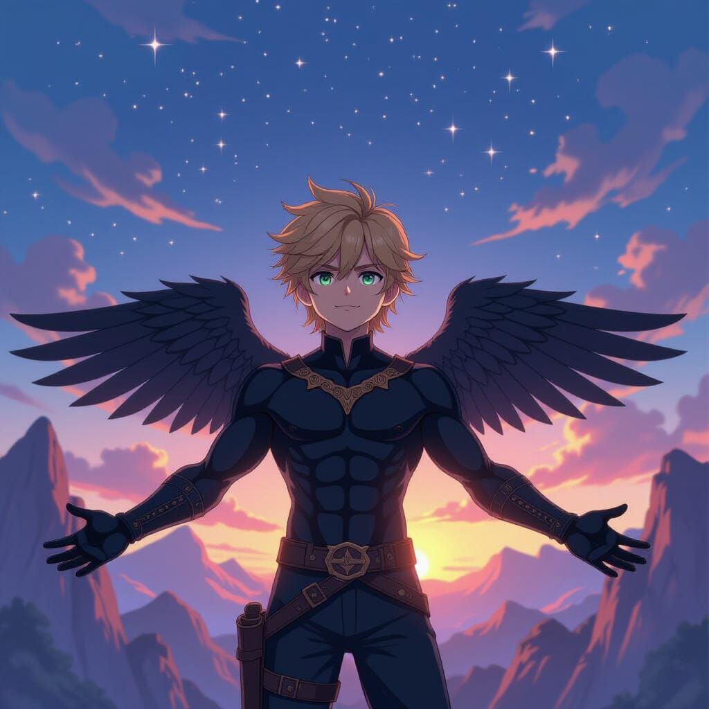 Blonde Teen with Crow Wings at Sunset