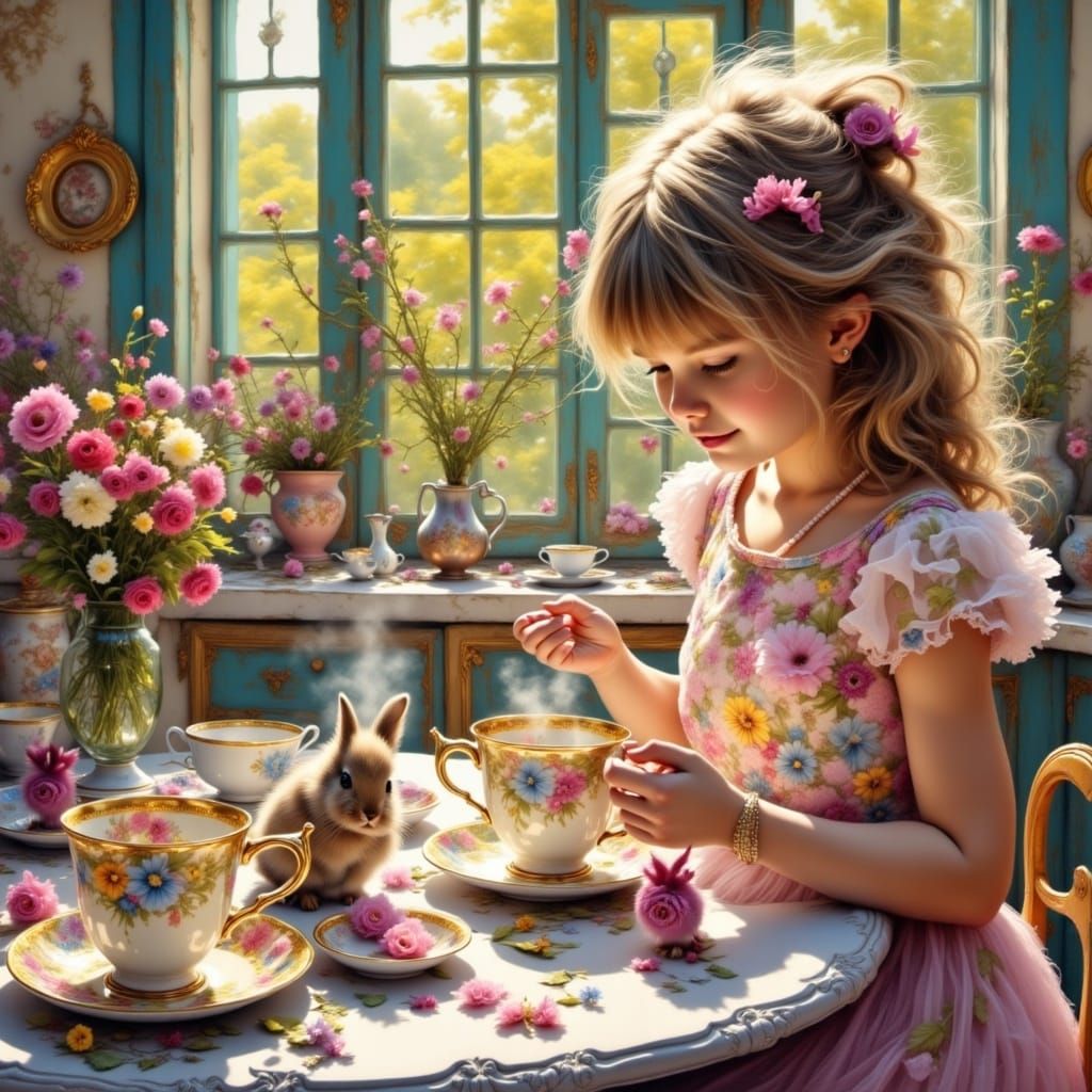 <lora:My-Teacups:1.0> Thick brushes impasto oil painting, girls having morning tea with rabbit, sharp focus,  bright kitchen, windows, sunny...