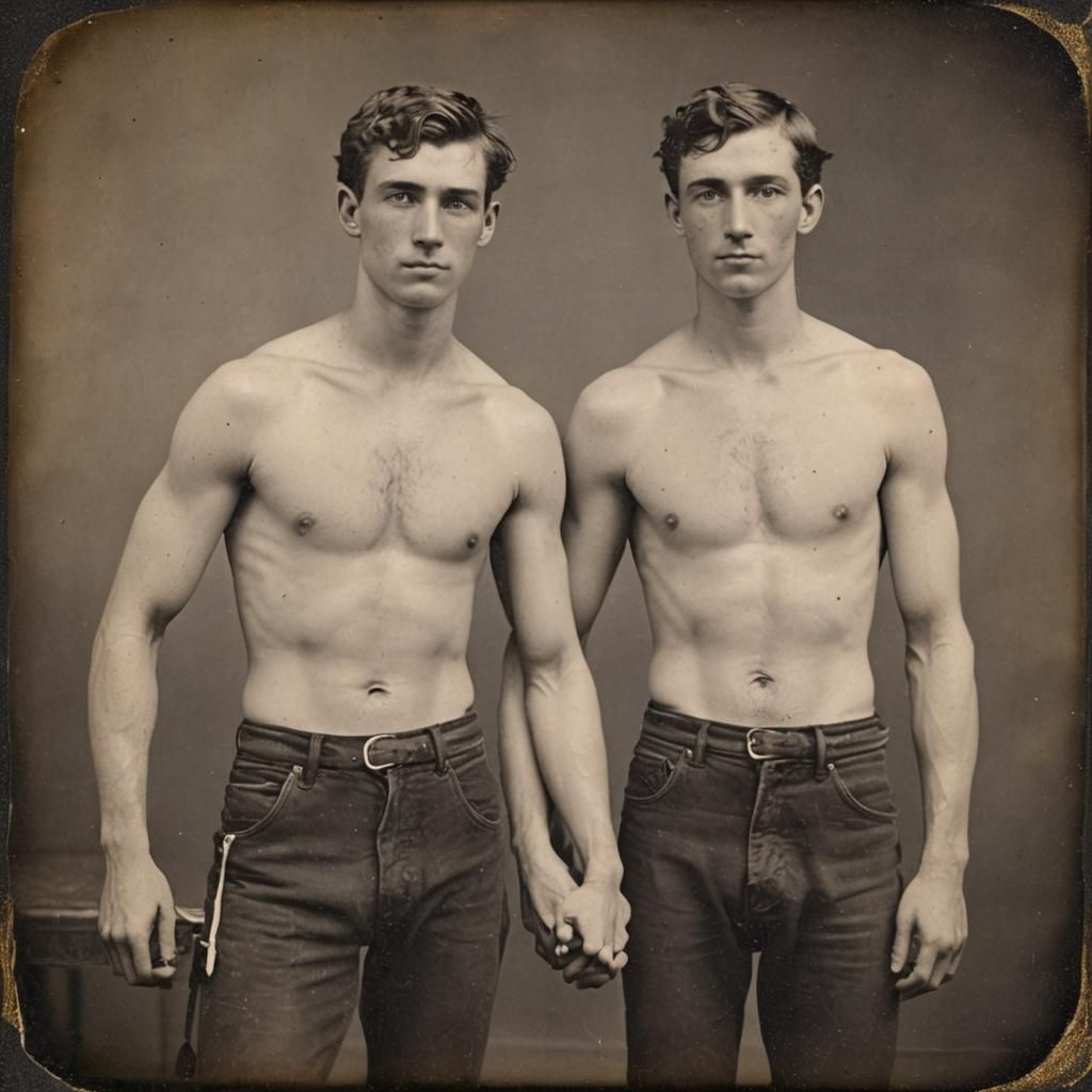 Daguerrotype of two handsome, shirtless, muscular 20-year-old men holding  hands - AI Generated Artwork - NightCafe Creator