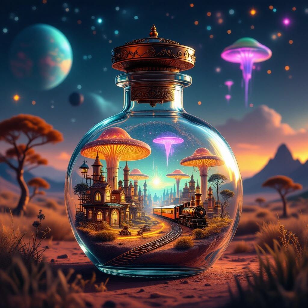 A Steampunk City Thrives Within a Metallic Glass Bottle