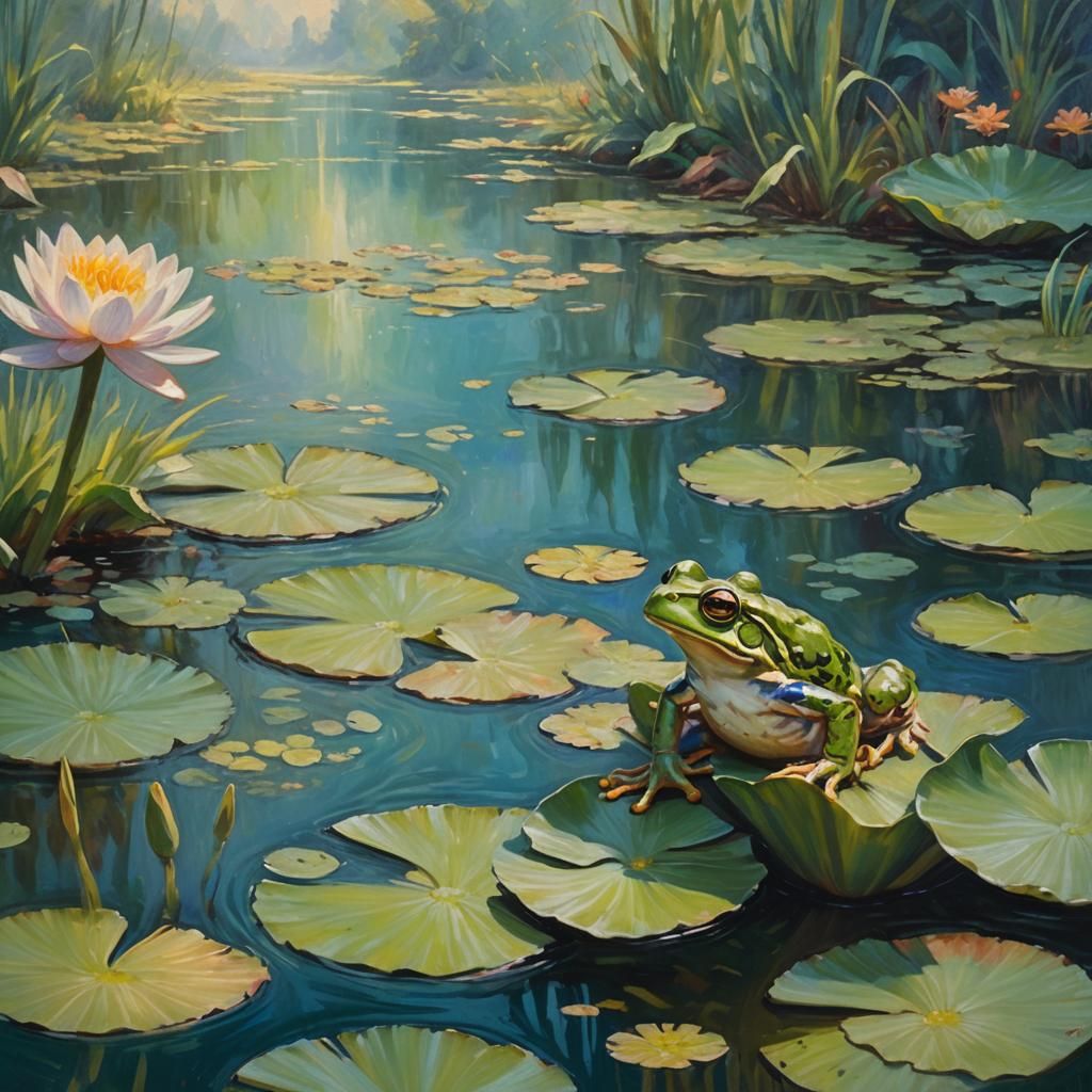 Charming Frog Leaps on Lily Pad: Impressionist Oil Painting
