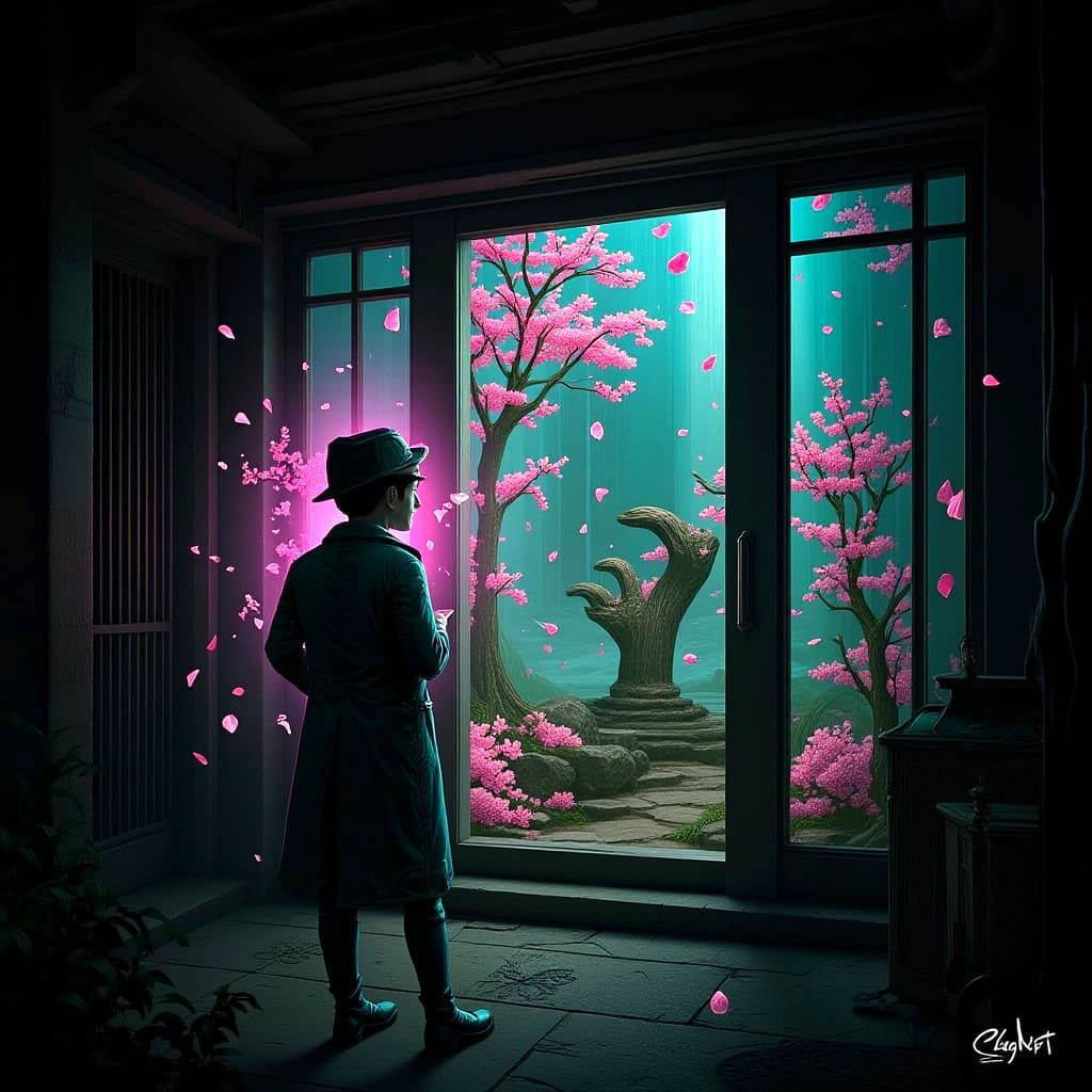 A futuristic cyberpunk detective stands in a dimly lit alleyway, investigating a shimmering portal that leads to a tranquil, ancient Zen gar...