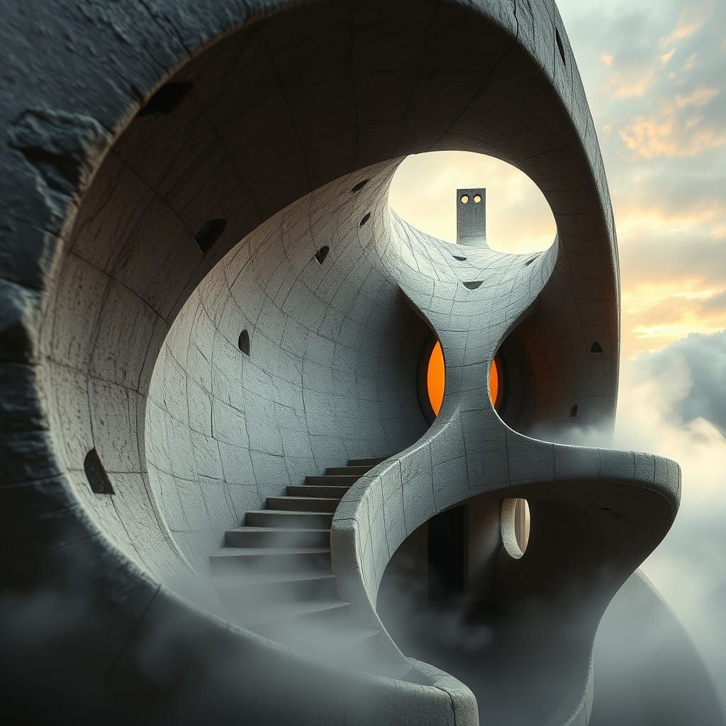 Surreal Brutalist Concrete Forms in Ethereal Mist