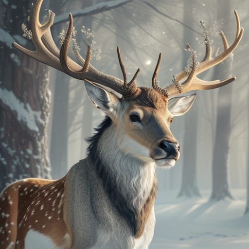 Majestic Stag With Golden Antlers Near Silver Tree