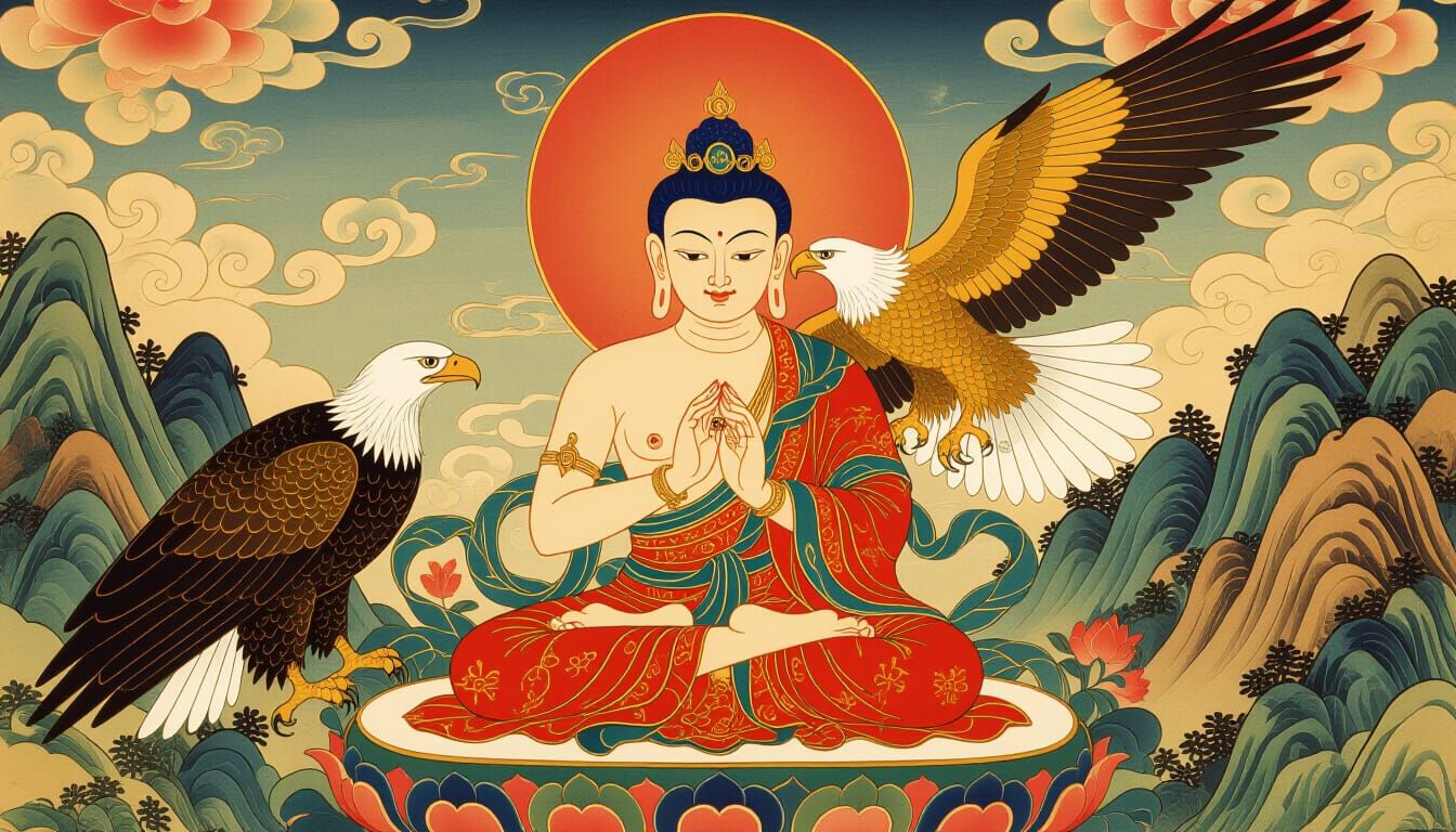 Young Buddha Sacrifices Thigh Flesh for Eagle in Thangka Sty...