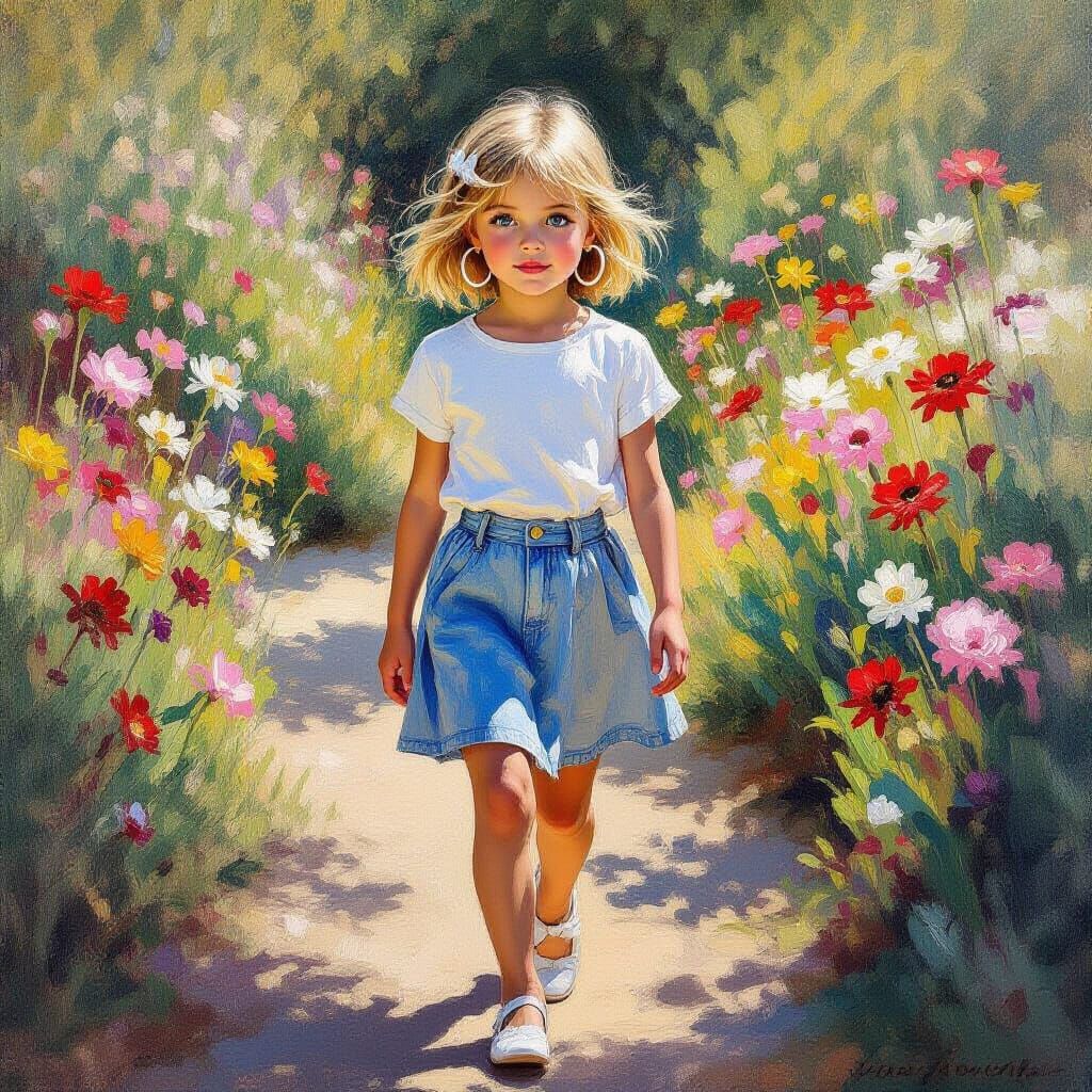 Girl in Flower Garden Oil Painting