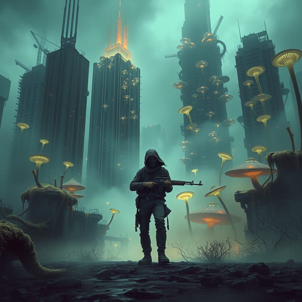 A lone wanderer in a desolate, post-apocalyptic cityscape, shrouded in mist and illuminated by the eerie glow of bioluminescent fungi, their...