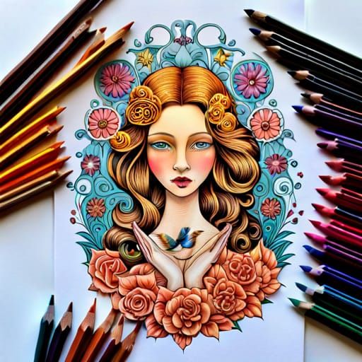 girl with birds, flowers, fairytale, magic realism, Coloring...