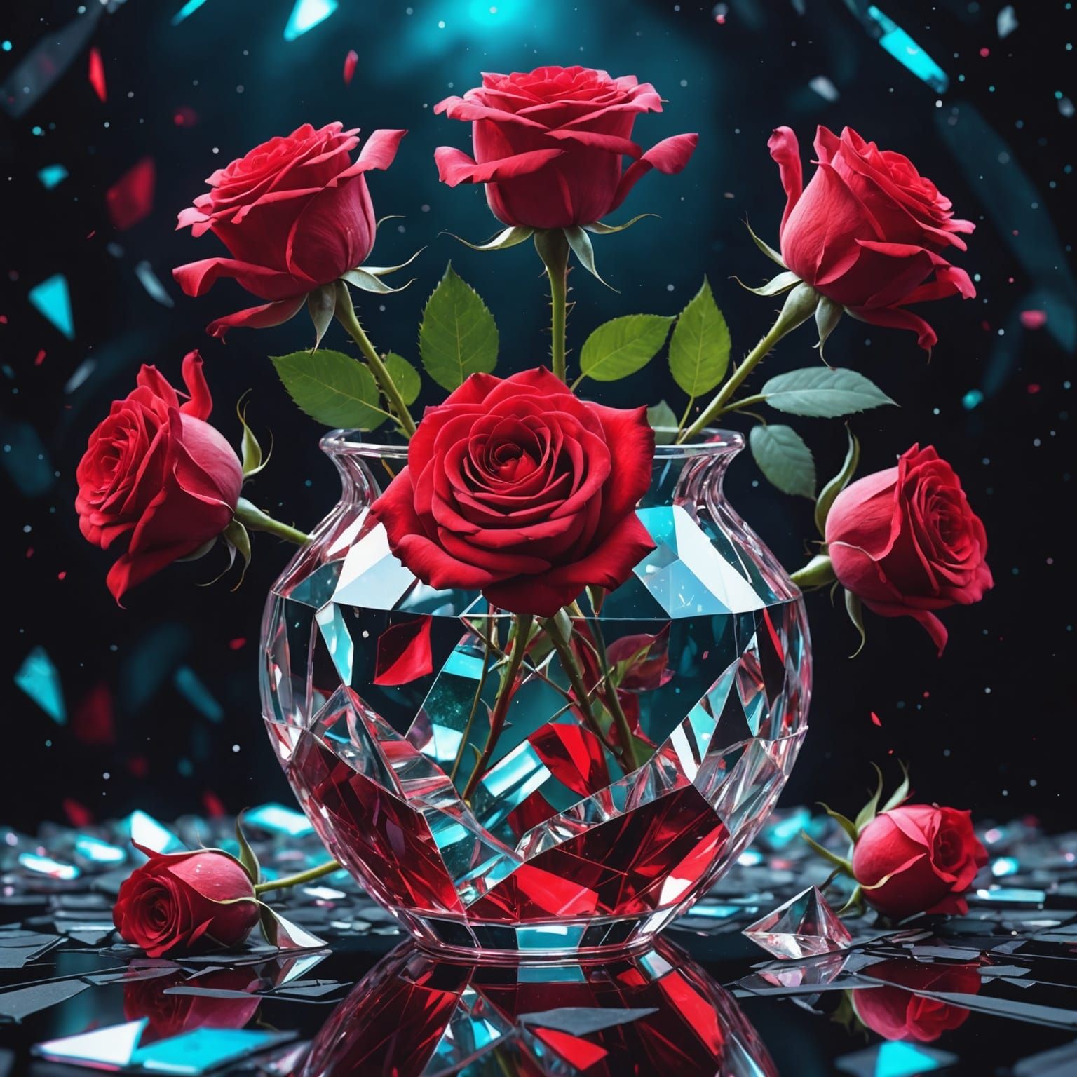 Broken crystal vase. Beautiful red roses reflecting in the shards   by @Melissa Fischer