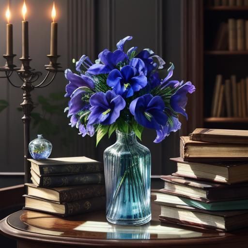 Wolfsbane flowers in pretty vase with books