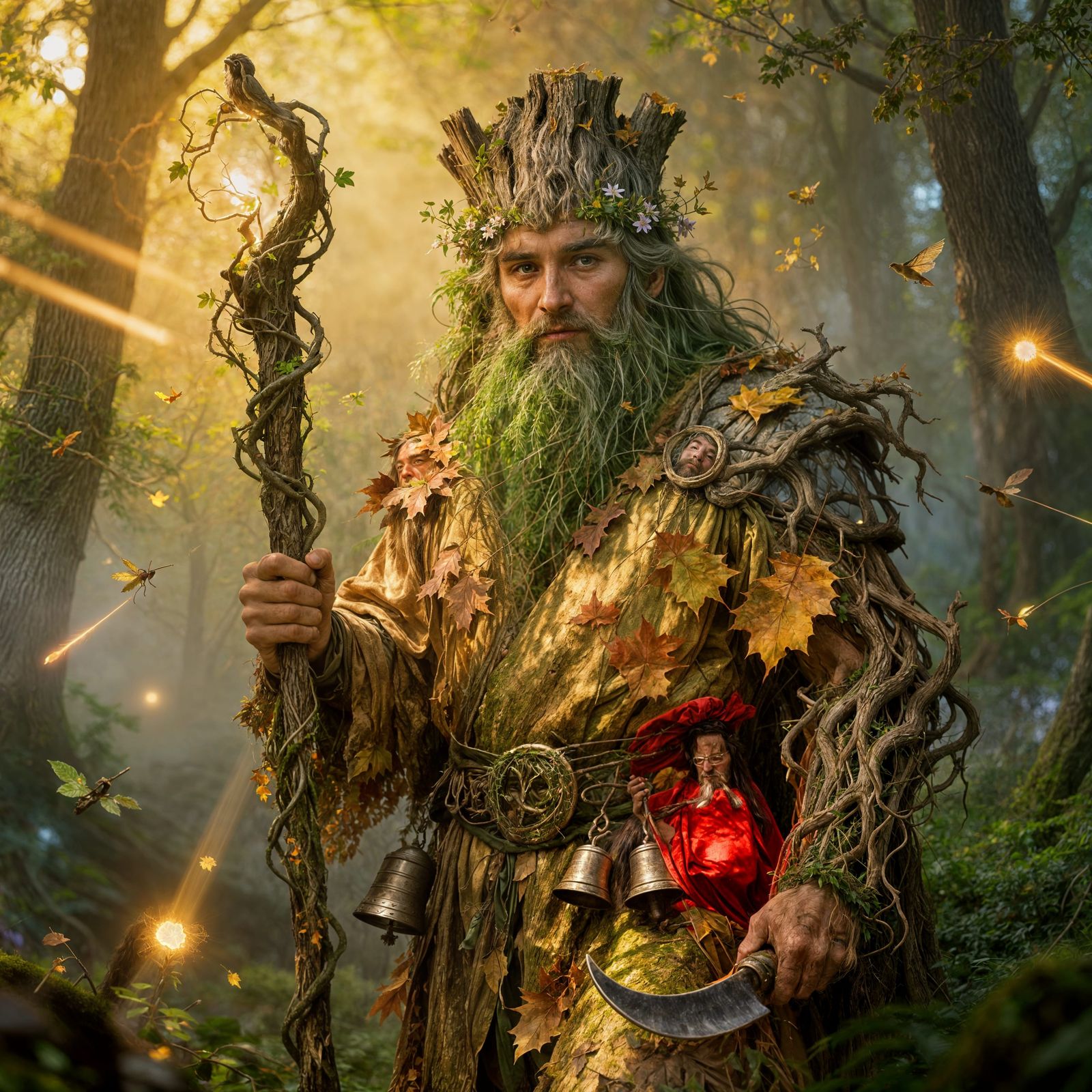 A mystical ancient druid-forester standing in an enchanted forest. He holds a magical staff entwined ...  by @Zacharo