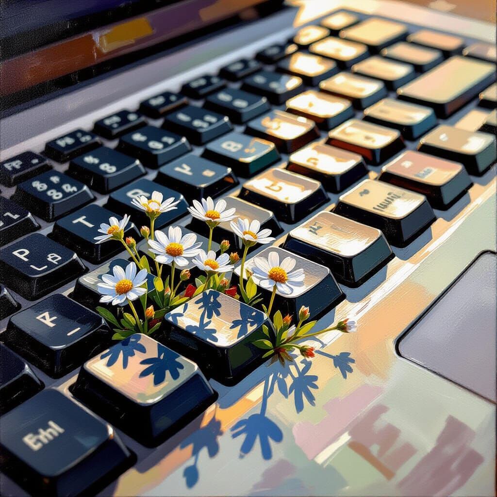 close-up of tiny wildflowers sprouting between the worn keys of an old laptop  by @Ly Ly