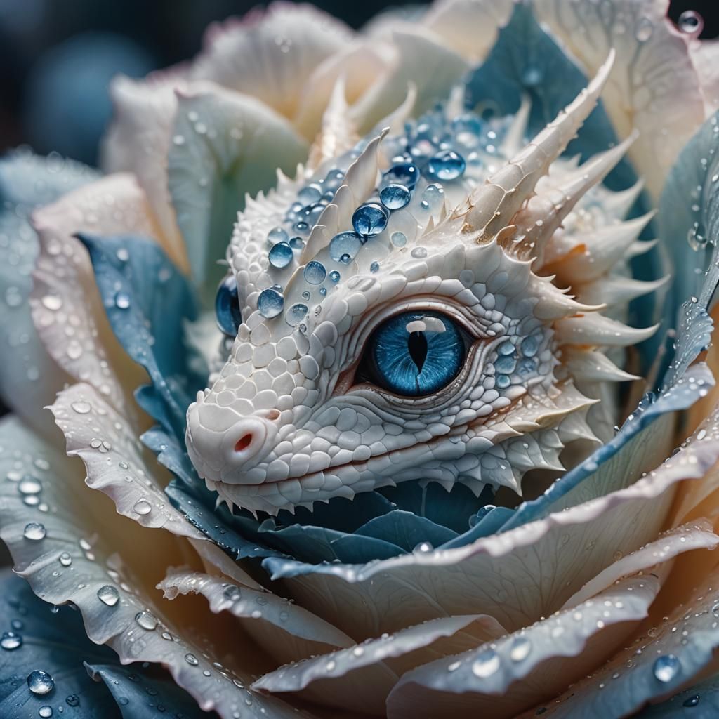 Baby Dragon in Blue Rose, Rembrandt-Inspired