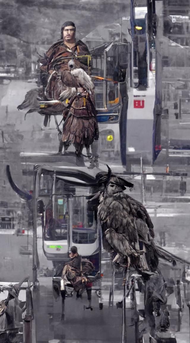 lonely eastern warrior and flying animals and trams