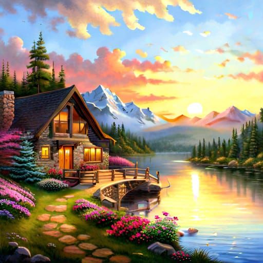 A beautiful cozy cabin on a mountain lake at sunset by Thomas Kincade ...