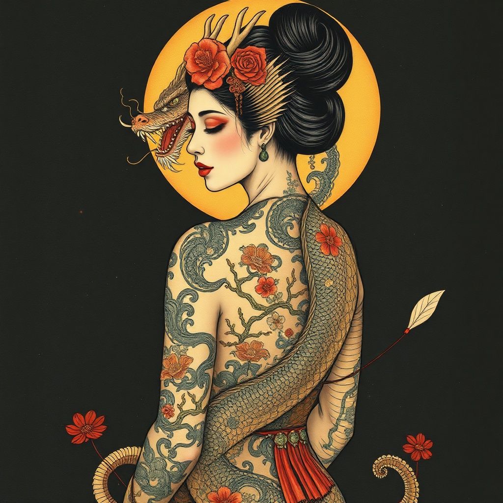 GEISHA TATTOOED WITH A DRAGON COVERING HER BACK.