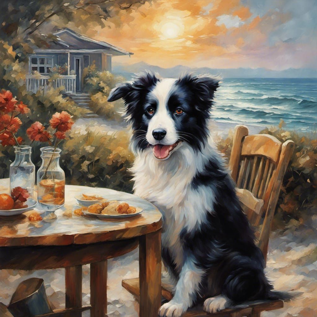 Border Collie enjoying a light snack with a quaint ominous h...