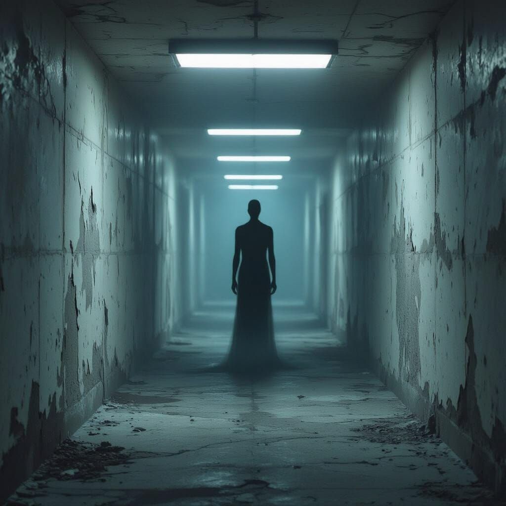 "Dimly lit abandoned hallway. Flickering lights reveal a shadow figure at the end, appearing then vanishing in a smooth ...