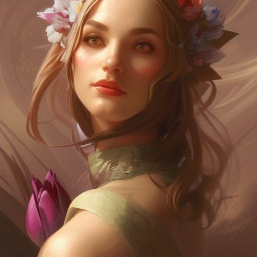 Female Elf with Large Chest Tulips everywhere