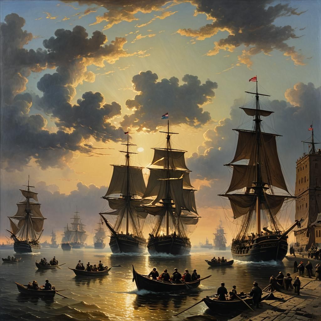 "Kronstadt raid with ships in the evening"