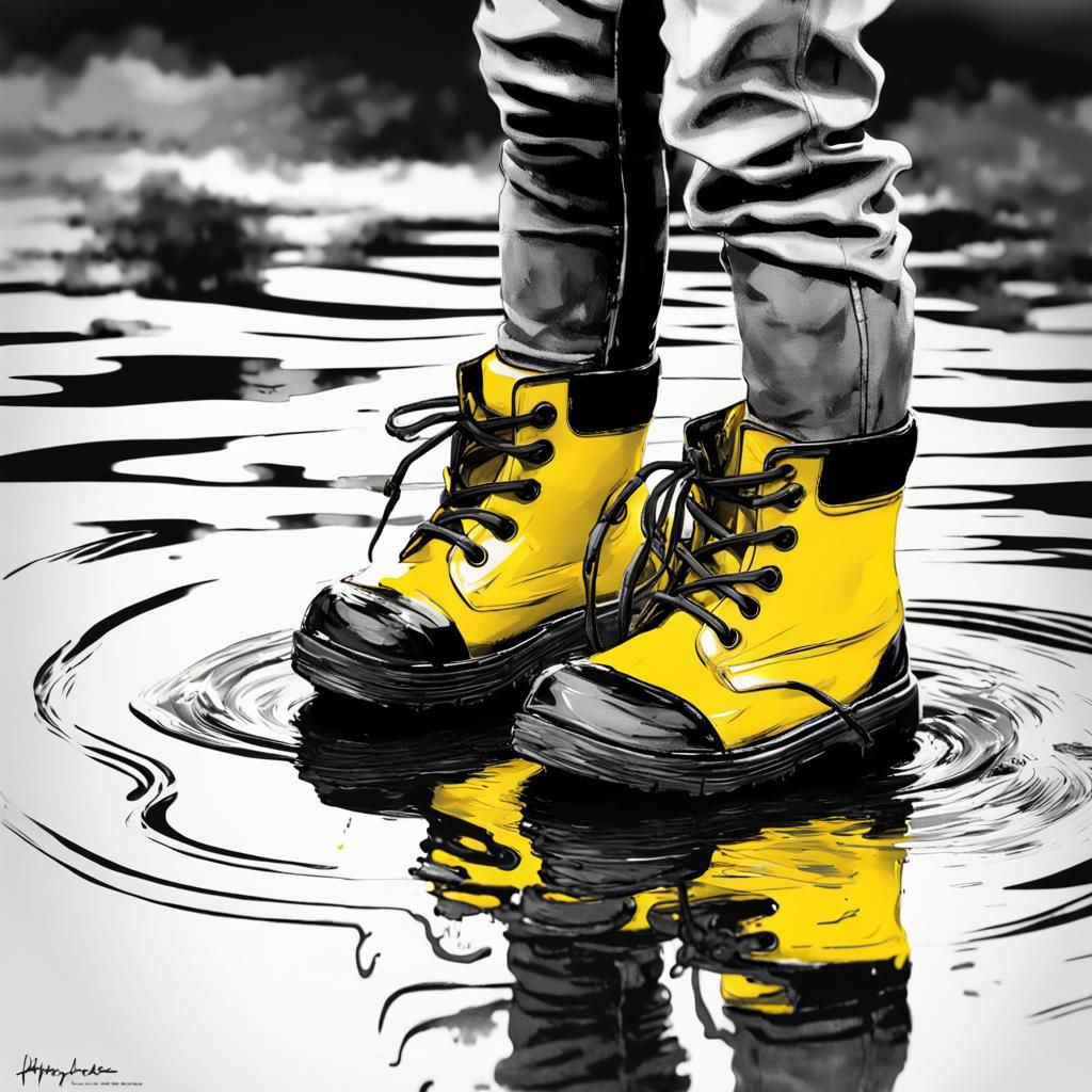 yellow boots : a toddler in a puddle  by @undefined