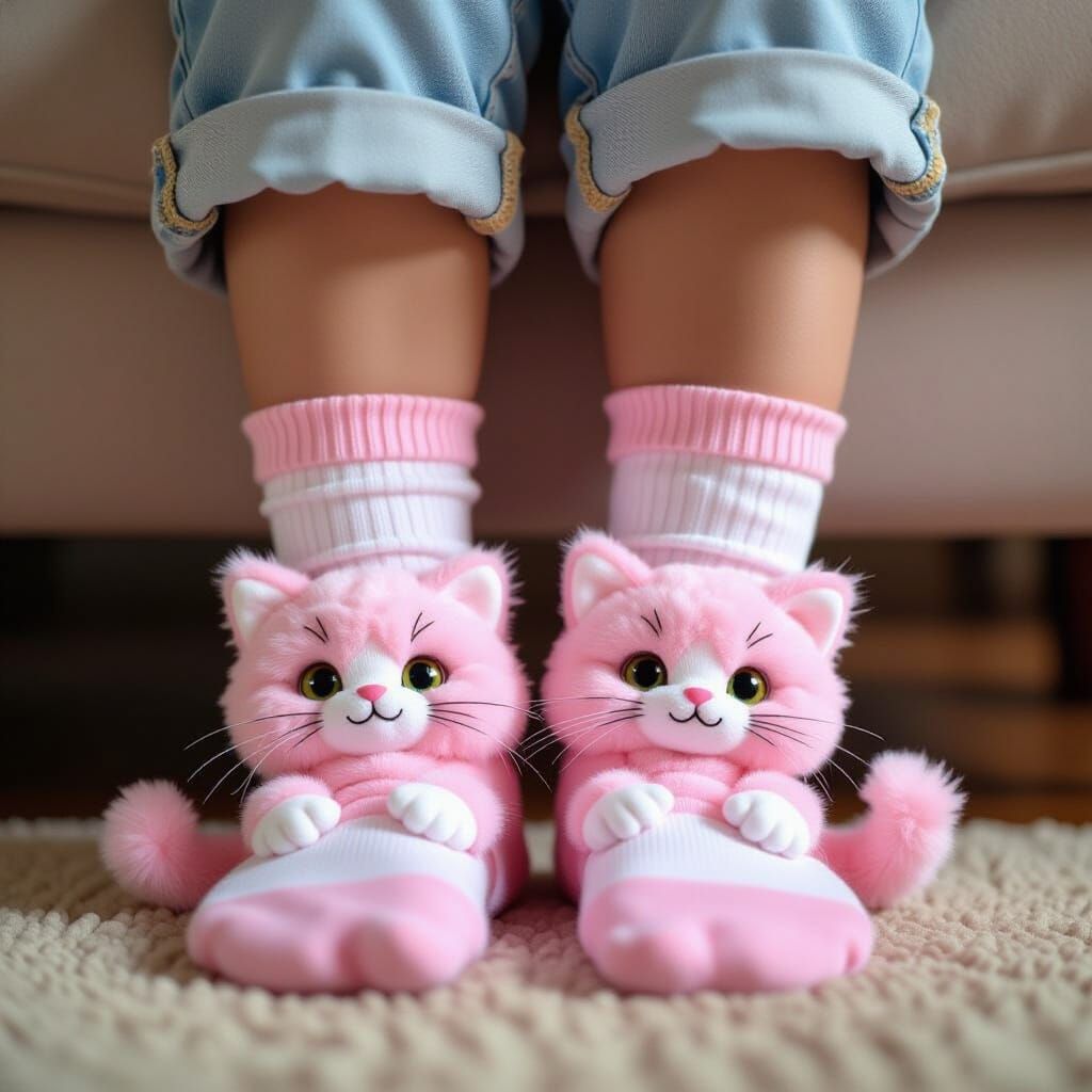A little girl wearing a pair of socks that are actually fluf...