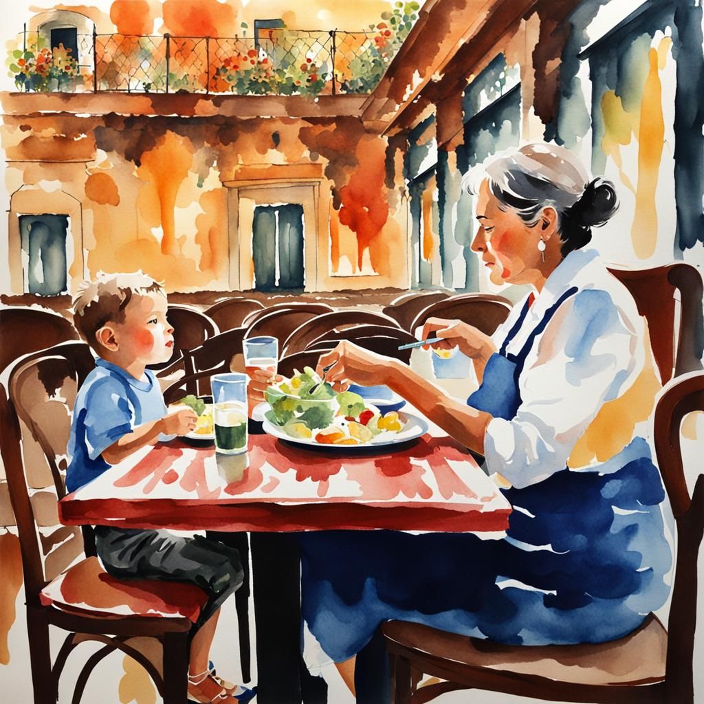 Watercolour mom and boy eating in an old Italian restaurant. - AI Generated  Artwork - NightCafe Creator