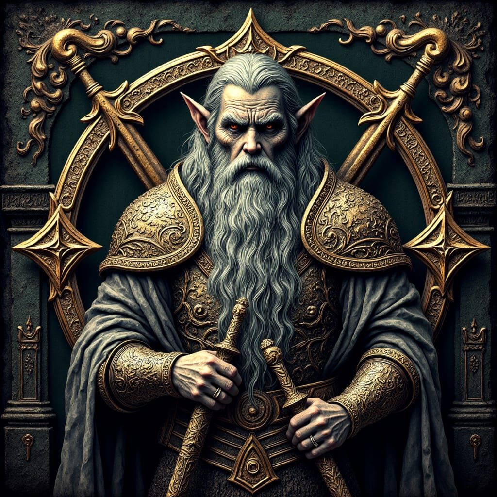 <lora:Tolkienesque:0.5> An ornate Logo with Text: "Tolkienesque". elegantly inlaid gold, ornate and flowing with an inherently ancient magic...