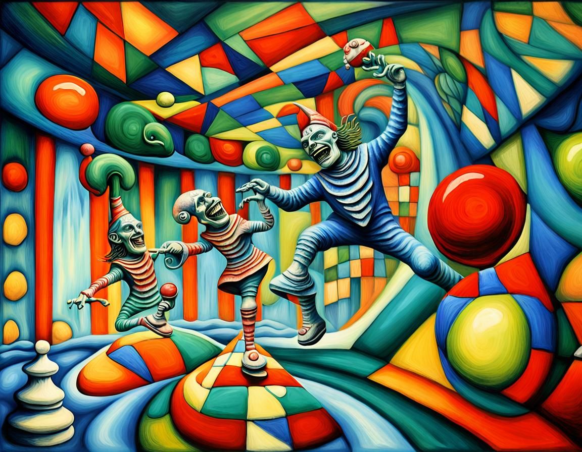 two blue jesters laughing, H.R. Giger, chess game psychedeli...