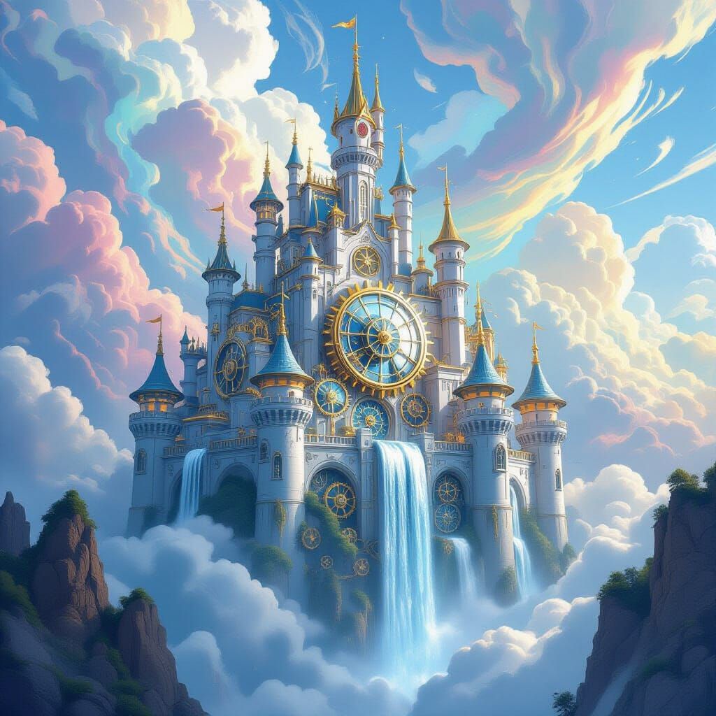 A majestic, clockwork castle floats amidst a sky filled with swirling, iridescent clouds. Gears and cogs are visible within its translucent ...