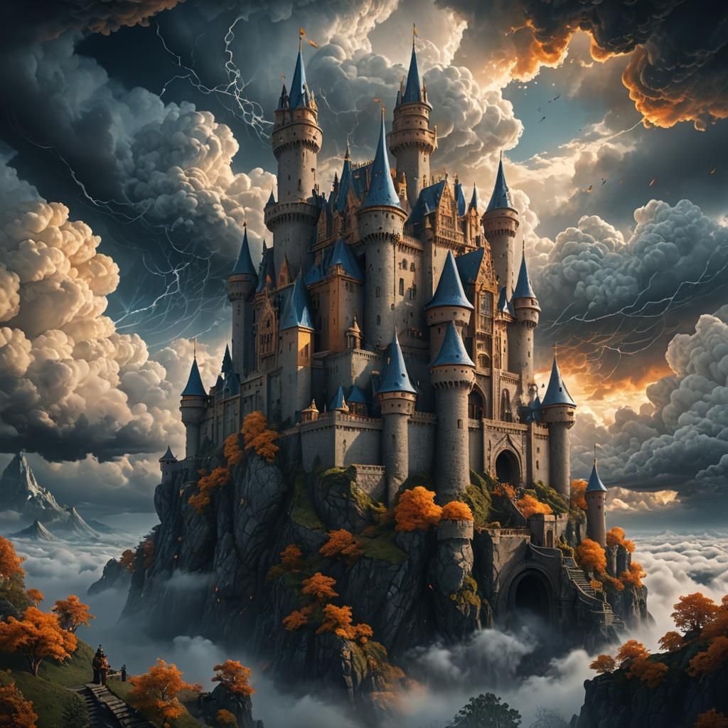 Majestic Castle in Sky Amidst Storm Clouds