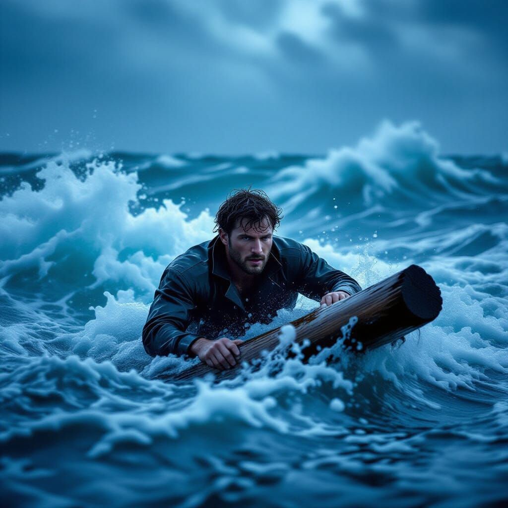 Man Clings to Wood in Stormy Sea