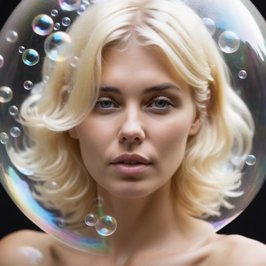 30 year blonde woman::made purely from soap bubbles 1.9::inside bubble ...