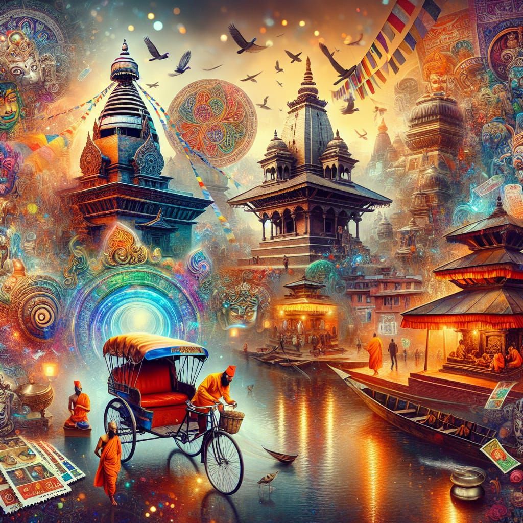 Kumari living goddess , rickshaw , temple and shrines of Kathmandu, prayer flags , stamps of Nepal, sadhus , momo, khukuri and anything that signifies Nepal