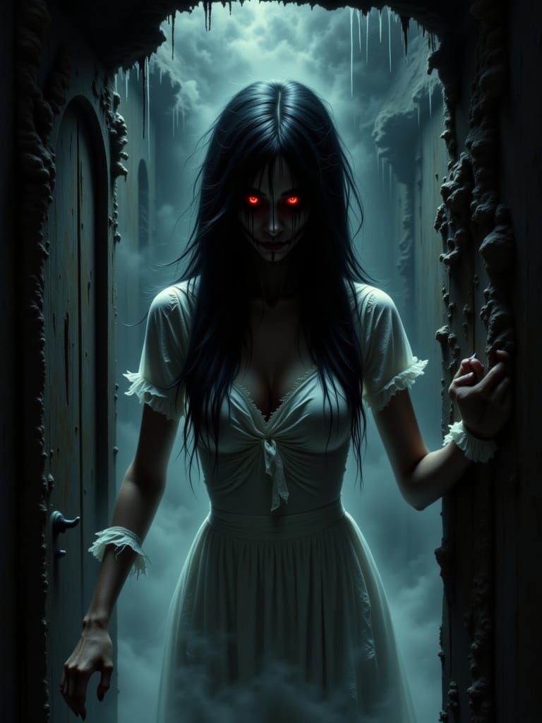 Terrifying Ghost Emerges from Dark Basement in Surreal Style