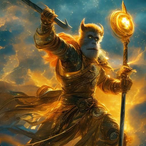 Golden-furred Sun Wukong wielding his staff and fighting Thor, who wields his hammer. <lora:Godlike-Energy DSv8:1.0>