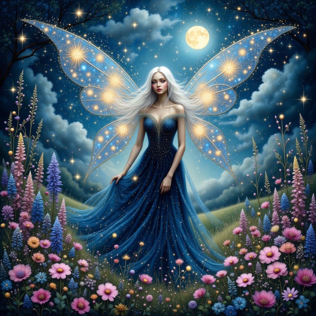 a surreal, otherworldly garden bathed in moonlight under a full moon with realistic texture, with the ...  by @Hummingbirdartiste