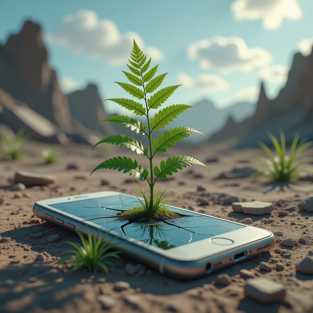 For today's challenge, imagine a lush, green fern sprouting from the cracked screen of a discarded smartphone, ...  by @Tony danis art