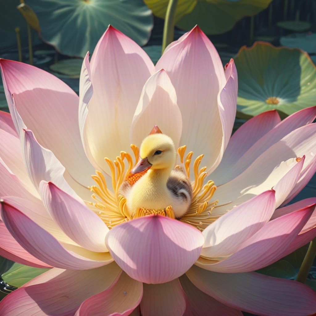 A giant lotus blooms with a duckling in the center. Close up. Dreamlike oil ...  by @odd-duck
