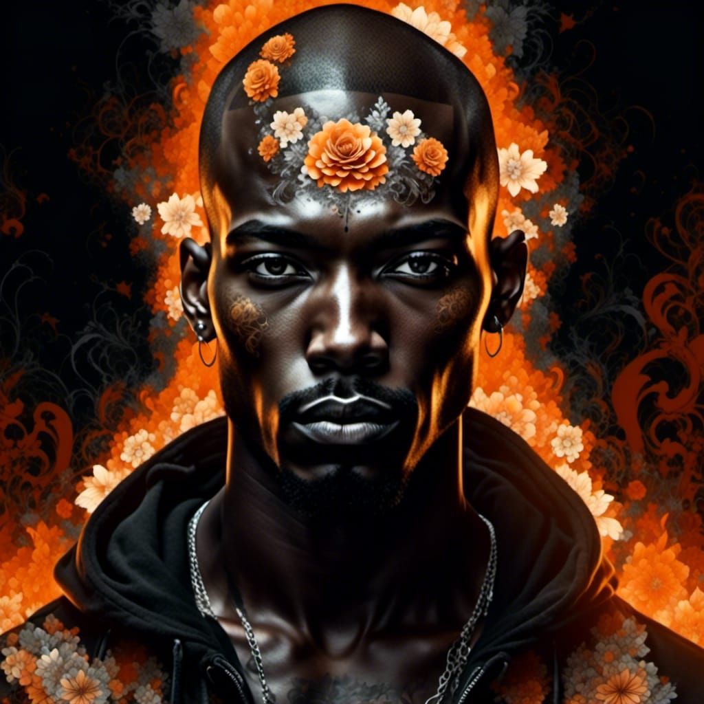 <lora:Soft Intensity:1.0> black man with orange fire, huge transparent lace flowers in background, flower tattoos, white soft lace flowers i...