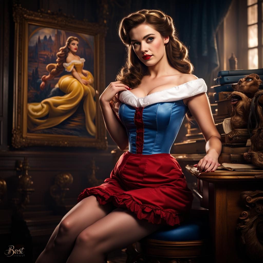 Belle from beauty and the beast as a pinup with legs crossed...