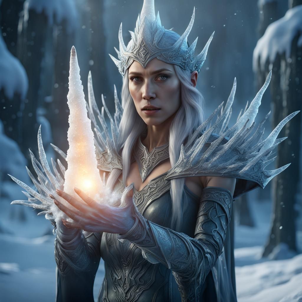 Elven Woman Casts Frost Damage Spell: Fantasy Art