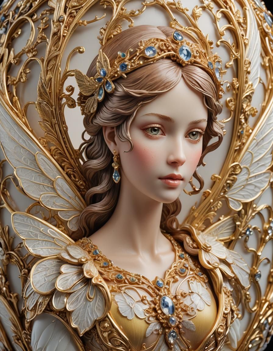 A Porcelain female Fairy engraved on the side of a Fabergé e...