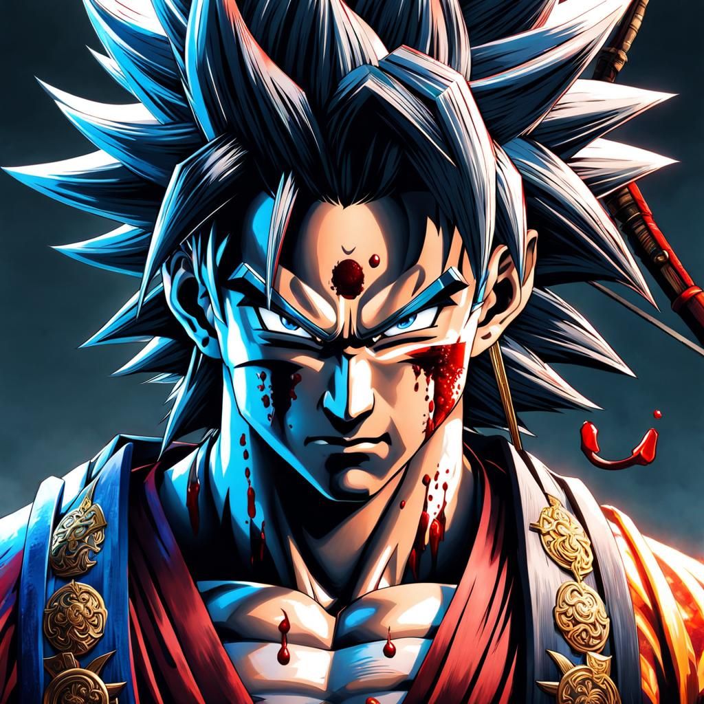 Hyperrealistic portrait of goku wearing intricately detailed...
