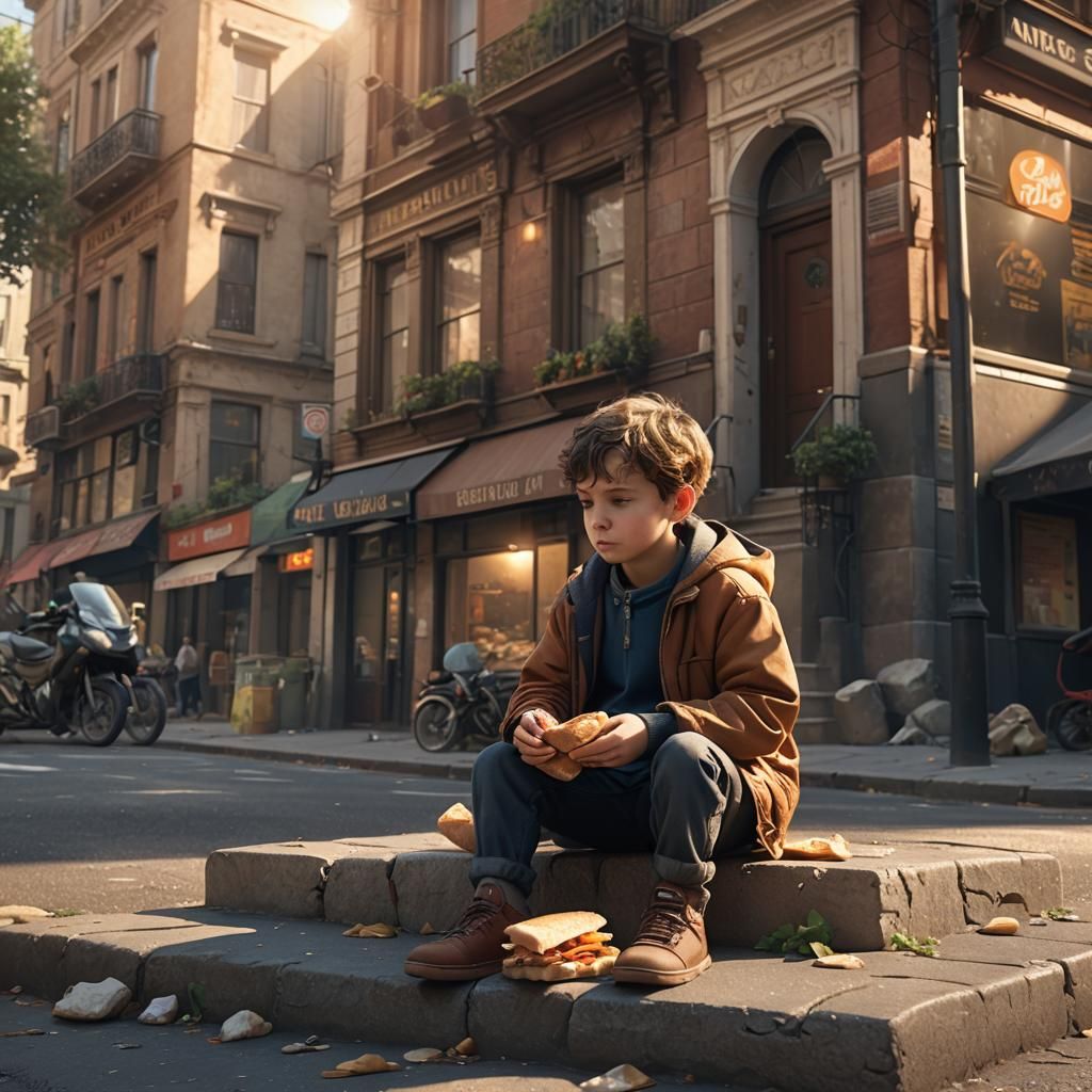 Sad Boy Eating Sandwich: Digital Matte Painting