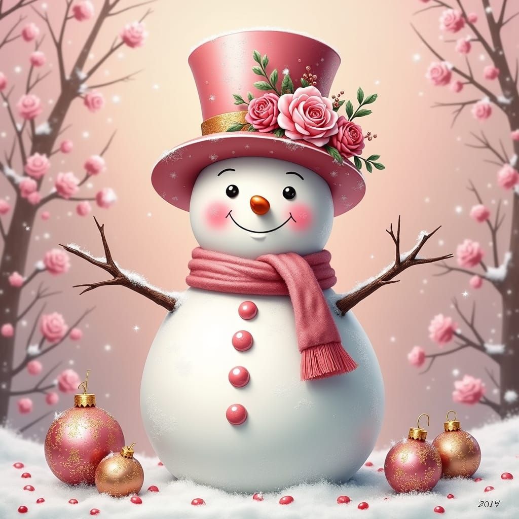 whimsical oil painting of a Snowman wearing a pink embossed ...