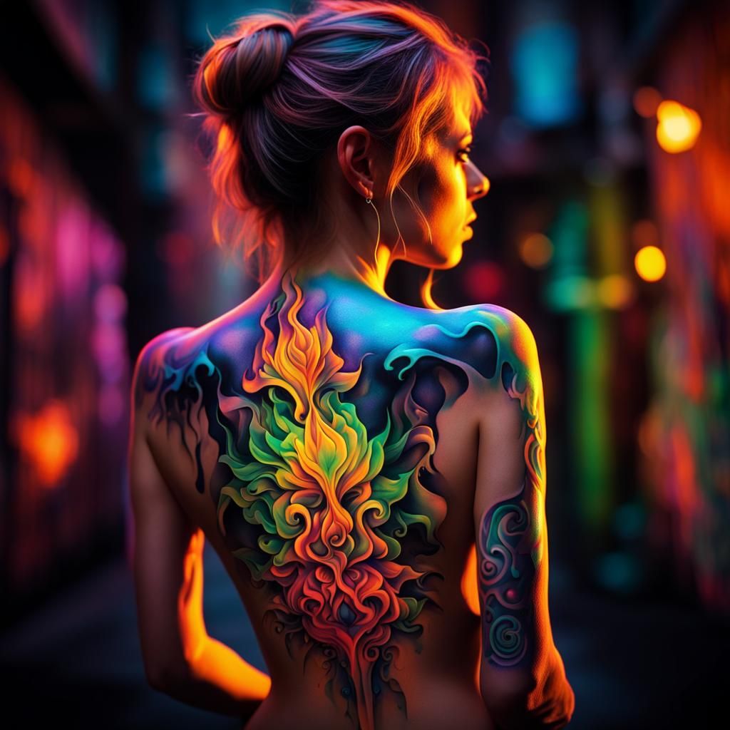 a woman's back with fantastical glowing UV tattoos in dynamic lighting  by @undefined