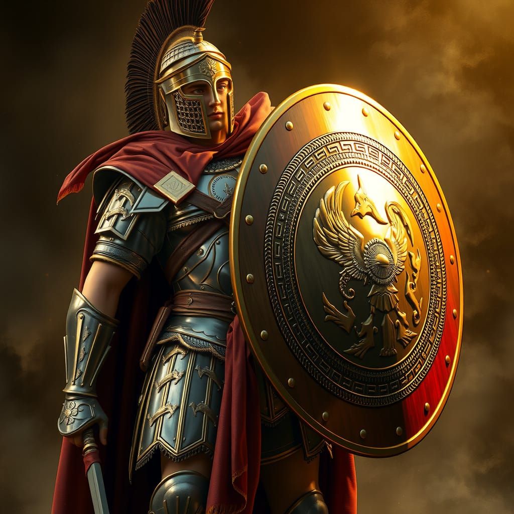 Roman warrior holding a shining shield  by @Cloned001