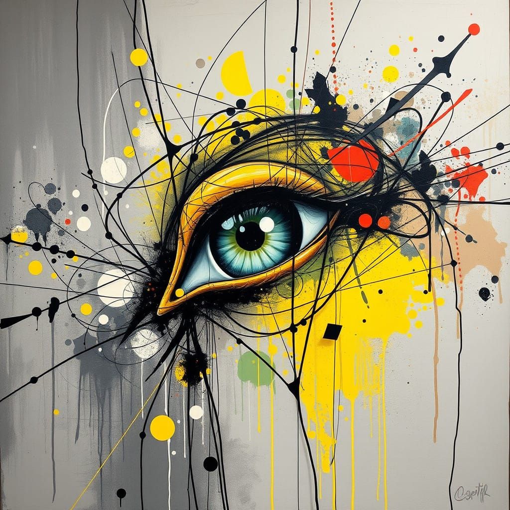 Surreal Abstract Painting with Geometric Figures and Mottled...